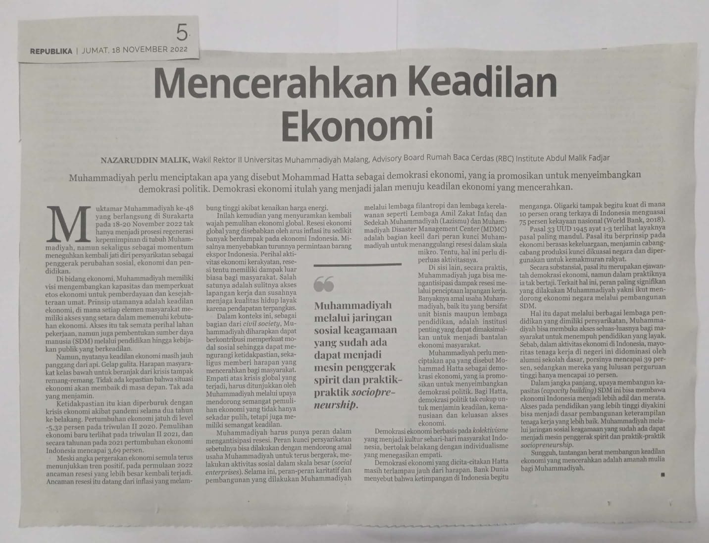 Mencerahkan Keadilan Ekonomi - Republika - UMM Dalam Berita Koran ...